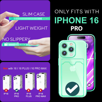NALIA Neon Silikonhülle für iPhone 16 Pro – Kartenfach & Knallige Signal-Farbe – CARDPOP (Anti-Shock Handyhülle) – Marke aus Berlin Türkis NALIA Neon Hülle