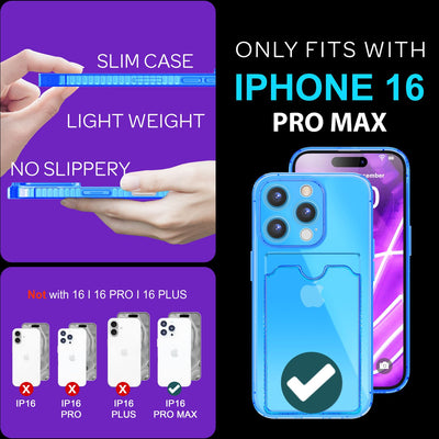 NALIA Neon Silikonhülle für iPhone 16 Pro Max – Kartenfach & Knallige Signal-Farbe – CARDPOP (Anti-Shock Handyhülle) – Marke aus Berlin Blau NALIA Neon Hülle