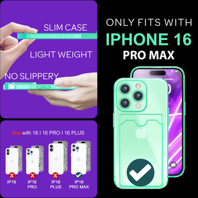 NALIA Neon Silikonhülle für iPhone 16 Pro Max – Kartenfach & Knallige Signal-Farbe – CARDPOP (Anti-Shock Handyhülle) – Marke aus Berlin Türkis NALIA Neon Hülle
