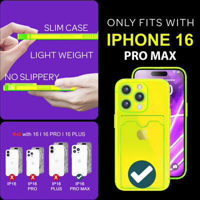 NALIA Neon Silikonhülle für iPhone 16 Pro Max – Kartenfach & Knallige Signal-Farbe – CARDPOP (Anti-Shock Handyhülle) – Marke aus Berlin Gelb NALIA Neon Hülle