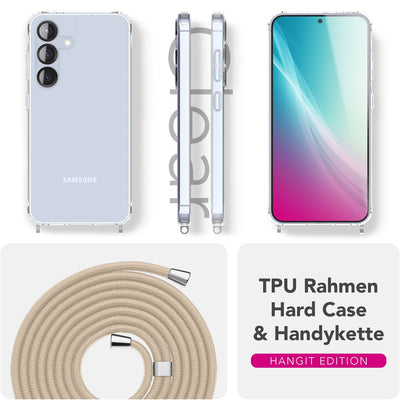 NALIA Handykette für Samsung Galaxy S25 – Transparentes Hybrid-Case & Band – HANGIT PRO (Anti-Gelb Rückseite & Verstellbar) – Marke aus Berlin Sandstein Beige NALIA Transparente Hülle
