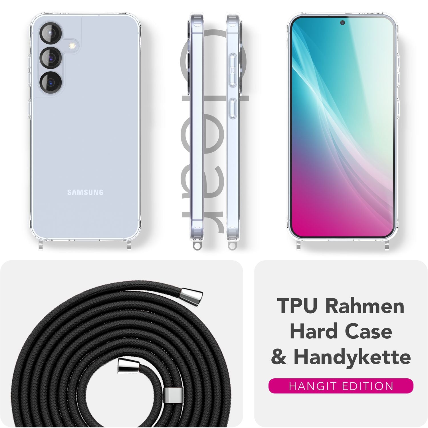 NALIA Hangit für Samsung Galaxy S25 Hülle, Klare Handyhülle mit Band, Transparente Verstellbare Umhängehülle, Crossbody Cover, Harte Schutzhülle mit Kette