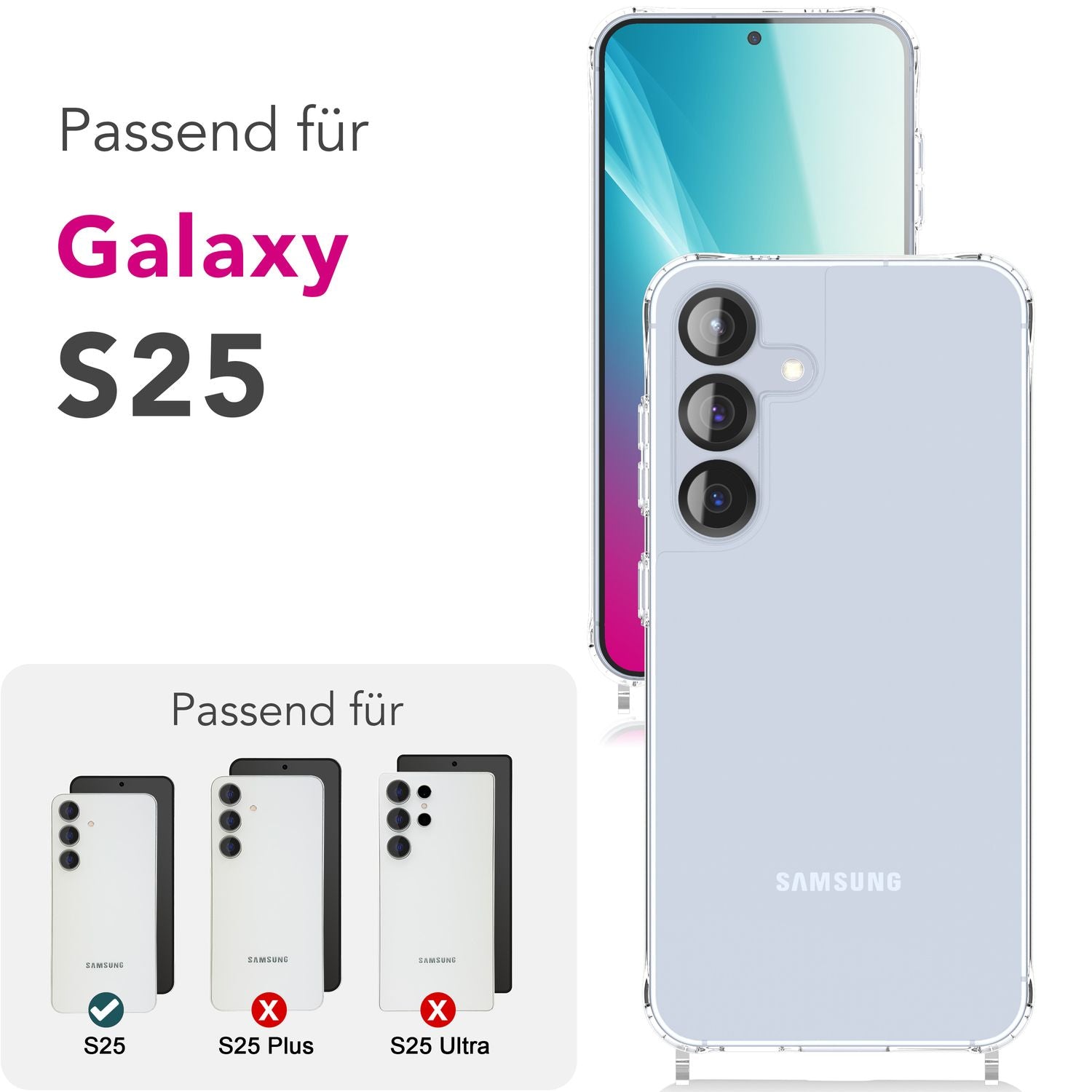 NALIA Hangit für Samsung Galaxy S25 Hülle, Klare Handyhülle mit Band, Transparente Verstellbare Umhängehülle, Crossbody Cover, Harte Schutzhülle mit Kette