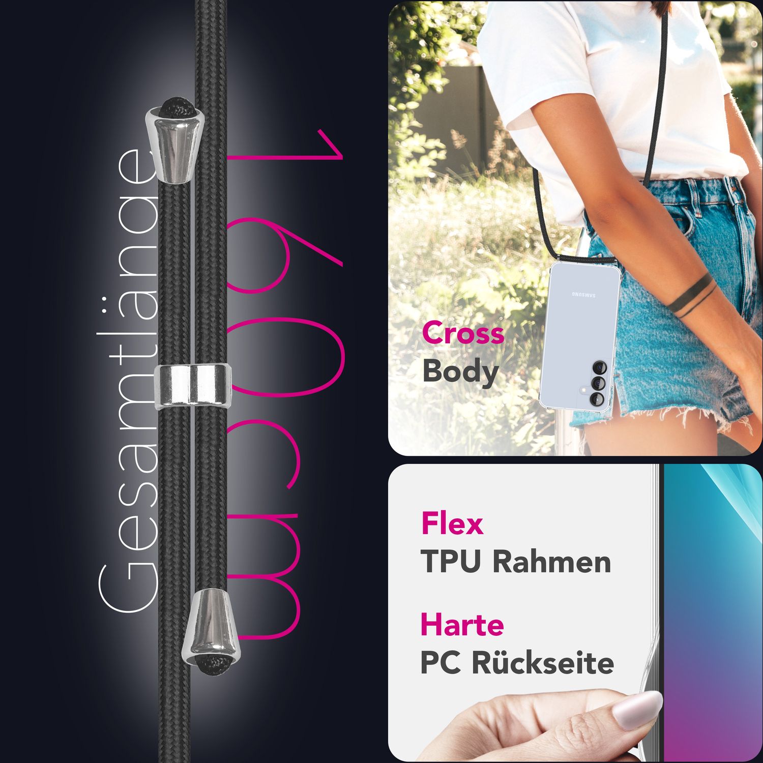 NALIA Hangit für Samsung Galaxy S25 Plus Hülle, Transparente Umhängehülle mit Verstellbarer Handykette, Harte Crossbody Schutzhülle, Klare Handyhülle mit Band Mitternacht Schwarz NALIA Transparente Hülle