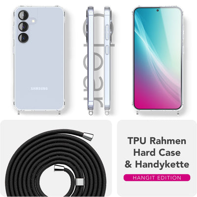 NALIA Handykette für Samsung Galaxy S25 Plus – Transparentes Hybrid-Case & Band – HANGIT PRO (Anti-Gelb Rückseite & Verstellbar) – Marke aus Berlin Mitternacht Schwarz NALIA Transparente Hülle