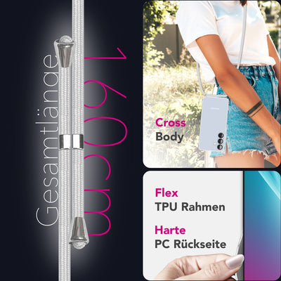 NALIA Handykette für Samsung Galaxy S25 Plus – Transparentes Hybrid-Case & Band – HANGIT PRO (Anti-Gelb Rückseite & Verstellbar) – Marke aus Berlin Mondweiß NALIA Transparente Hülle