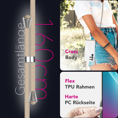 NALIA Handykette für Samsung Galaxy S25 Ultra – Transparentes Hybrid-Case & Band – HANGIT PRO (Anti-Gelb Rückseite & Verstellbar) – Marke aus Berlin Sandstein Beige NALIA Transparente Hülle