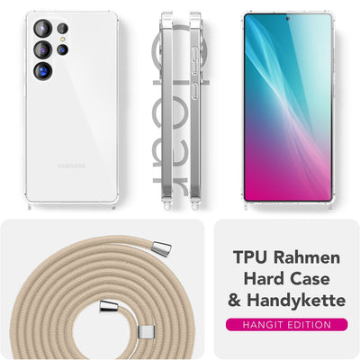 NALIA Handykette für Samsung Galaxy S25 Ultra – Transparentes Hybrid-Case & Band – HANGIT PRO (Anti-Gelb Rückseite & Verstellbar) – Marke aus Berlin Sandstein Beige NALIA Transparente Hülle