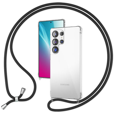 NALIA Handykette für Samsung Galaxy S25 Ultra – Transparentes Hybrid-Case & Band – HANGIT PRO (Anti-Gelb Rückseite & Verstellbar) – Marke aus Berlin Mitternacht Schwarz NALIA Transparente Hülle