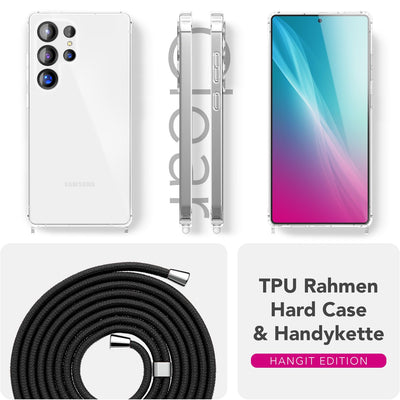 NALIA Handykette für Samsung Galaxy S25 Ultra – Transparentes Hybrid-Case & Band – HANGIT PRO (Anti-Gelb Rückseite & Verstellbar) – Marke aus Berlin Mitternacht Schwarz NALIA Transparente Hülle