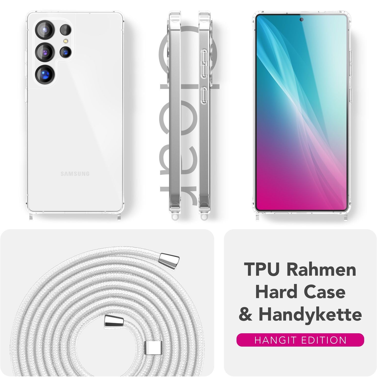 NALIA Hangit für Samsung Galaxy S25 Ultra Hülle, Verstellbare Crossbody Handyhülle mit Band zum Umhängen, Klare Schutzhülle mit Handykette, Verstärkte Bandhülle
