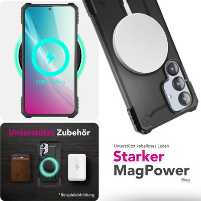 NALIA Magnetische Panzerhülle für Samsung Galaxy S25 – MagSafe kompatibel & Kamera-Stand – GRANITE (Outdoor Schutzhülle Stoßfest) – Marke aus Berlin Armor Titan Schwarz NALIA Outdoor Hülle