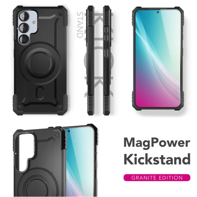 NALIA Magnetische Panzerhülle für Samsung Galaxy S25 – MagSafe kompatibel & Kamera-Stand – GRANITE (Outdoor Schutzhülle Stoßfest) – Marke aus Berlin Armor Titan Schwarz NALIA Outdoor Hülle