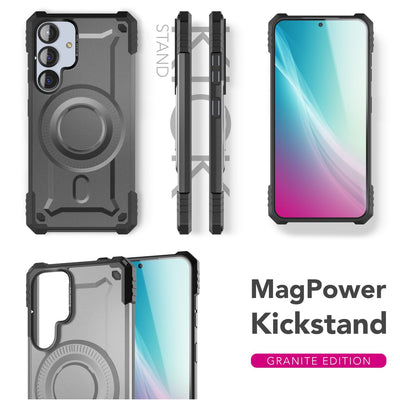 NALIA Magnetische Panzerhülle für Samsung Galaxy S25 – MagSafe kompatibel & Kamera-Stand – GRANITE (Outdoor Schutzhülle Stoßfest) – Marke aus Berlin Armor Titan Grau NALIA Outdoor Hülle