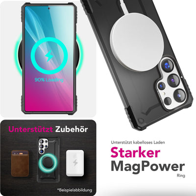 NALIA Magnetische Panzerhülle für Samsung Galaxy S25 Ultra – MagSafe kompatibel & Kamera-Stand – GRANITE (Outdoor Schutzhülle Stoßfest) – Marke aus Berlin Armor Titan Schwarz NALIA Outdoor Hülle