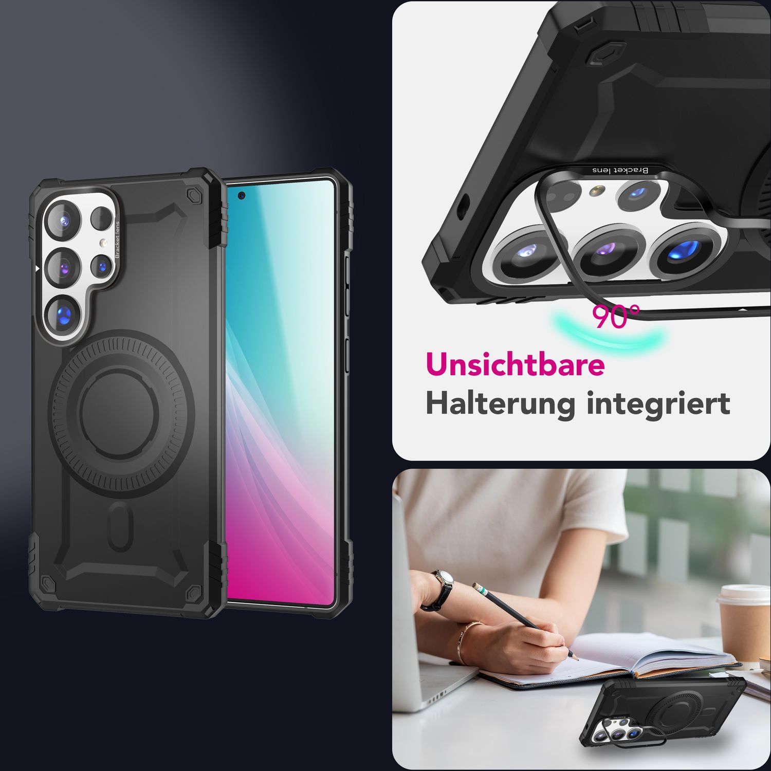 NALIA Granite für Samsung Galaxy S25 Ultra Hülle für MagSafe, Armor Panzerhülle, Extrem Robuste Resistente Militär Schutzhülle, mit Magnet-Ring und Kamera-Stand Armor Titan Schwarz NALIA Protective Hülle