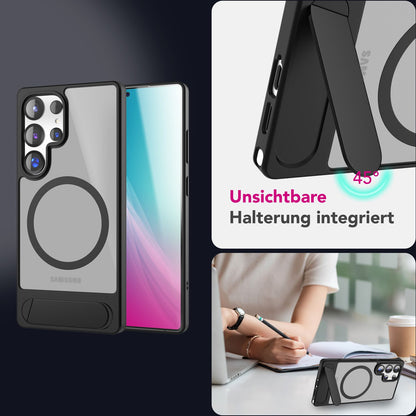 NALIA Triton für Samsung Galaxy S25 Ultra Hülle für MagSafe, Magnethülle mit Standfuß, Ring für Magnetisches Laden, Semi-Transparente Handyhülle mit Silikon-Rahmen Titan Schwarz NALIA Protective Hülle