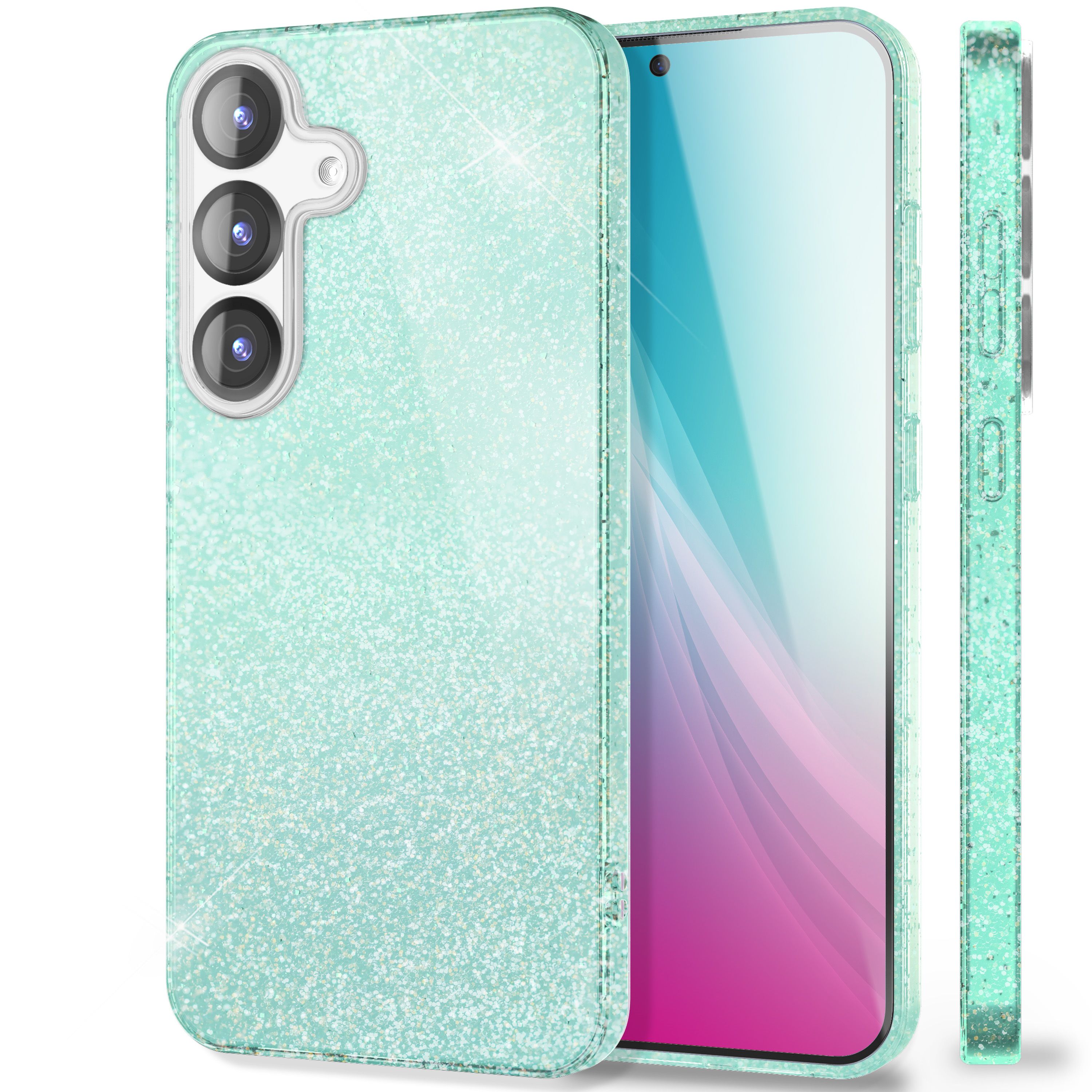 NALIA ShinePop für Samsung Galaxy S25 Hülle, Glänzende Glamour Glitzerhülle, Stabile Funkelnde Silikonhülle, Diamant Strass Glitzer Schutzhülle, Glitter Handyhülle Eisminze NALIA Protective Hülle