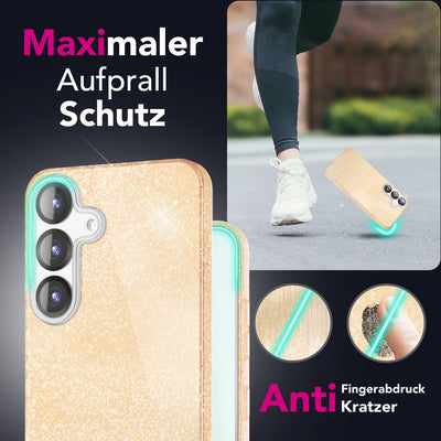 NALIA Glitzerhülle für Samsung Galaxy S25 Plus – Funkelnder Glitzer-Look & Grip – SHINEPOP (Silikon Case) – Marke aus Berlin Goldstaub NALIA Protective Hülle