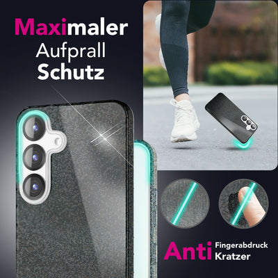 NALIA Glitzerhülle für Samsung Galaxy S25 Plus – Funkelnder Glitzer-Look & Grip – SHINEPOP (Silikon Case) – Marke aus Berlin Funkelschwarz NALIA Protective Hülle