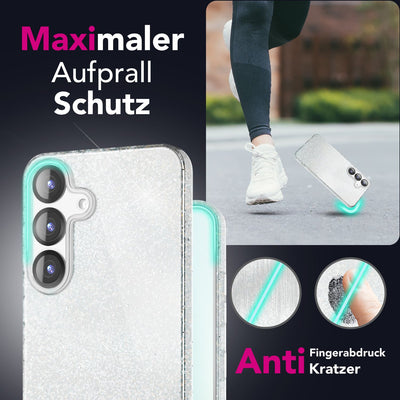 NALIA Glitzerhülle für Samsung Galaxy S25 Plus – Funkelnder Glitzer-Look & Grip – SHINEPOP (Silikon Case) – Marke aus Berlin Mondsilber NALIA Protective Hülle