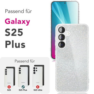 NALIA Glitzerhülle für Samsung Galaxy S25 Plus – Funkelnder Glitzer-Look & Grip – SHINEPOP (Silikon Case) – Marke aus Berlin Mondsilber NALIA Protective Hülle