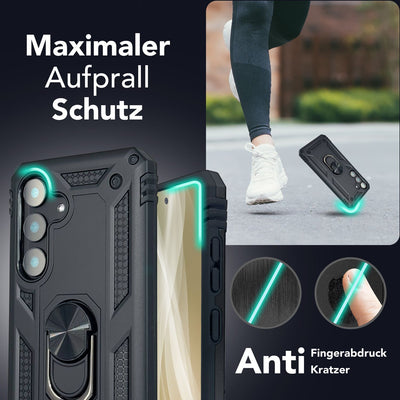 NALIA Panzerhülle für Samsung Galaxy S25 – Ring-Ständer 360° & Magnet-Halterung Kompatibel – RINGDEFEND (Stoßfestes Outdoor Case) – Marke aus Berlin Titan Schwarz NALIA Outdoor Hülle