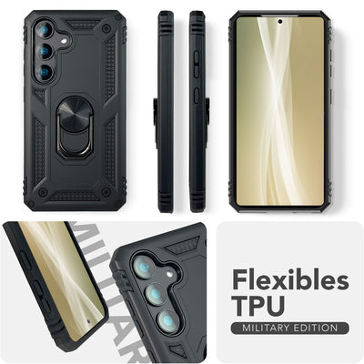 NALIA Panzerhülle für Samsung Galaxy S25 – Ring-Ständer 360° & Magnet-Halterung Kompatibel – RINGDEFEND (Stoßfestes Outdoor Case) – Marke aus Berlin Titan Schwarz NALIA Outdoor Hülle