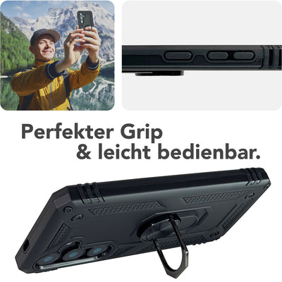 NALIA Panzerhülle für Samsung Galaxy S25 Plus – Ring-Ständer 360° & Magnet-Halterung Kompatibel – RINGDEFEND (Stoßfestes Outdoor Case) – Marke aus Berlin Titan Schwarz NALIA Outdoor Hülle