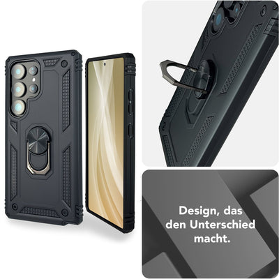 NALIA Panzerhülle für Samsung Galaxy S25 Ultra – Ring-Ständer 360° & Magnet-Halterung Kompatibel – RINGDEFEND (Stoßfestes Outdoor Case) – Marke aus Berlin Titan Schwarz NALIA Outdoor Hülle