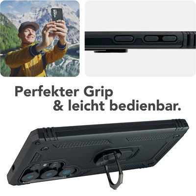 NALIA Panzerhülle für Samsung Galaxy S25 Ultra – Ring-Ständer 360° & Magnet-Halterung Kompatibel – RINGDEFEND (Stoßfestes Outdoor Case) – Marke aus Berlin Titan Schwarz NALIA Outdoor Hülle