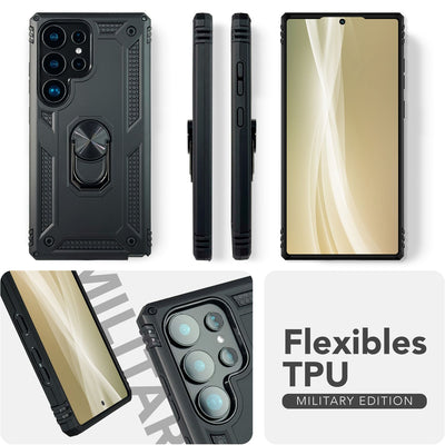 NALIA Panzerhülle für Samsung Galaxy S25 Ultra – Ring-Ständer 360° & Magnet-Halterung Kompatibel – RINGDEFEND (Stoßfestes Outdoor Case) – Marke aus Berlin Titan Schwarz NALIA Outdoor Hülle