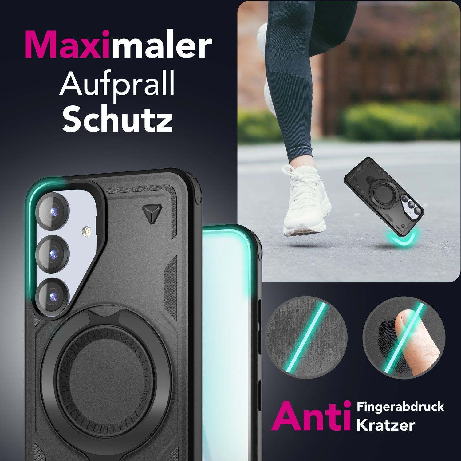 NALIA Stormguard für Samsung Galaxy S25 Hülle für MagSafe, Armor Fallschutz Ringhülle, Stoßfeste Schutzhülle mit 360° Rotationsring für Ständer und Magnetisch Laden Titan Schwarz NALIA Outdoor Hülle