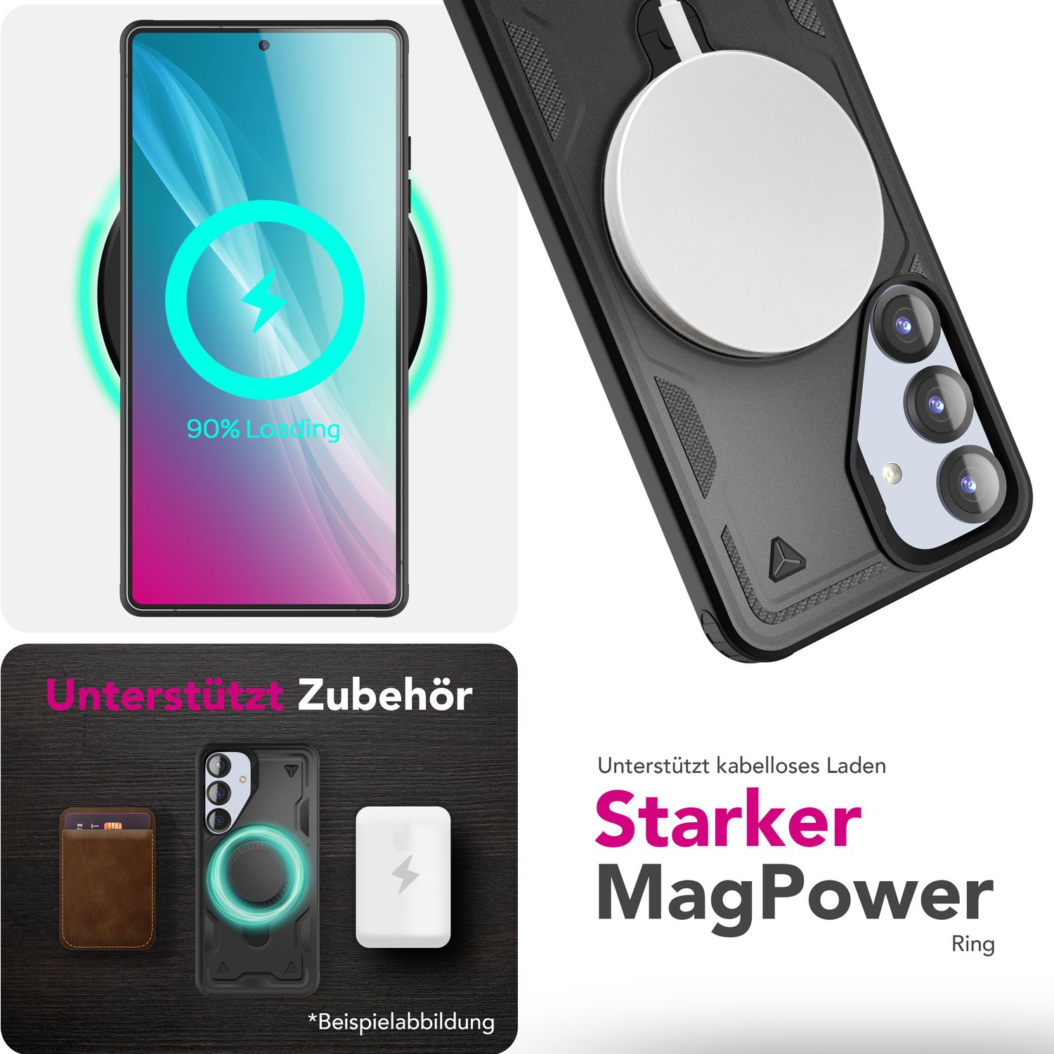 NALIA Stormguard für Samsung Galaxy S25 Hülle für MagSafe, Armor Fallschutz Ringhülle, Stoßfeste Schutzhülle mit 360° Rotationsring für Ständer und Magnetisch Laden Titan Schwarz NALIA Outdoor Hülle