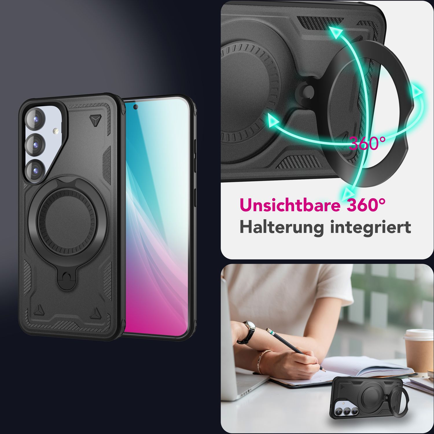 NALIA Stormguard für Samsung Galaxy S25 Hülle für MagSafe, Armor Fallschutz Ringhülle, Stoßfeste Schutzhülle mit 360° Rotationsring für Ständer und Magnetisch Laden Titan Schwarz NALIA Outdoor Hülle