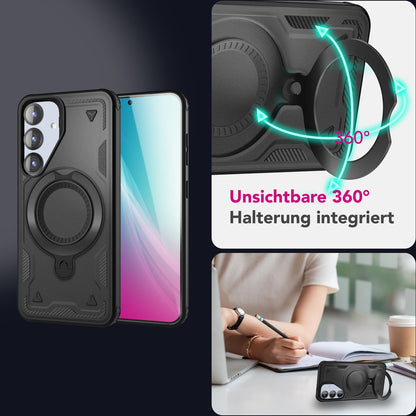 NALIA Stormguard für Samsung Galaxy S25 Hülle für MagSafe, Armor Fallschutz Ringhülle, Stoßfeste Schutzhülle mit 360° Rotationsring für Ständer und Magnetisch Laden Titan Schwarz NALIA Outdoor Hülle