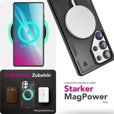 NALIA Magnetische Panzerhülle für Samsung Galaxy S25 Ultra – Ring-Halterung 360° & MagSafe kompatibel – STORMGUARD (Outdoor Case) – Marke aus Berlin Titan Schwarz NALIA Outdoor Hülle