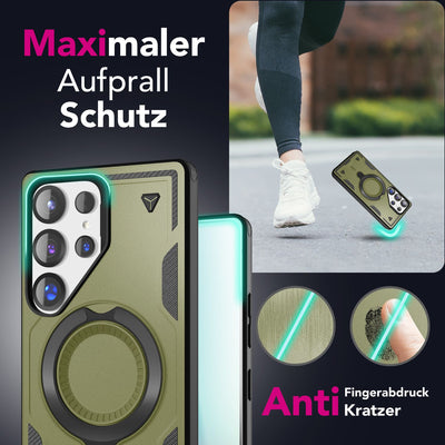 NALIA Magnetische Panzerhülle für Samsung Galaxy S25 Ultra – Ring-Halterung 360° & MagSafe kompatibel – STORMGUARD (Outdoor Case) – Marke aus Berlin Titan Grün NALIA Outdoor Hülle