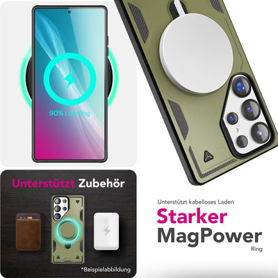 NALIA Magnetische Panzerhülle für Samsung Galaxy S25 Ultra – Ring-Halterung 360° & MagSafe kompatibel – STORMGUARD (Outdoor Case) – Marke aus Berlin Titan Grün NALIA Outdoor Hülle