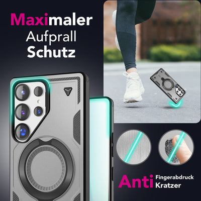 NALIA Magnetische Panzerhülle für Samsung Galaxy S25 Ultra – Ring-Halterung 360° & MagSafe kompatibel – STORMGUARD (Outdoor Case) – Marke aus Berlin Titan Grau NALIA Outdoor Hülle