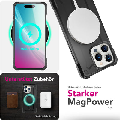 NALIA Magnetische Panzerhülle für iPhone 16 Pro – MagSafe kompatibel & Kamera-Stand – GRANITE (Outdoor Schutzhülle Stoßfest) – Marke aus Berlin Armor Titan Schwarz NALIA Outdoor Hülle