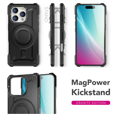 NALIA Magnetische Panzerhülle für iPhone 16 Pro – MagSafe kompatibel & Kamera-Stand – GRANITE (Outdoor Schutzhülle Stoßfest) – Marke aus Berlin Armor Titan Schwarz NALIA Outdoor Hülle
