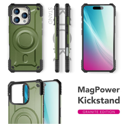 NALIA Magnetische Panzerhülle für iPhone 16 Pro – MagSafe kompatibel & Kamera-Stand – GRANITE (Outdoor Schutzhülle Stoßfest) – Marke aus Berlin Armor Titan Grün NALIA Outdoor Hülle