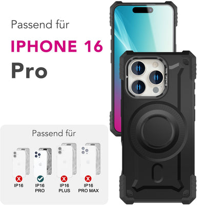 NALIA Magnetische Panzerhülle für iPhone 16 Pro – MagSafe kompatibel & Kamera-Stand – GRANITE (Outdoor Schutzhülle Stoßfest) – Marke aus Berlin Armor Titan Schwarz NALIA Outdoor Hülle