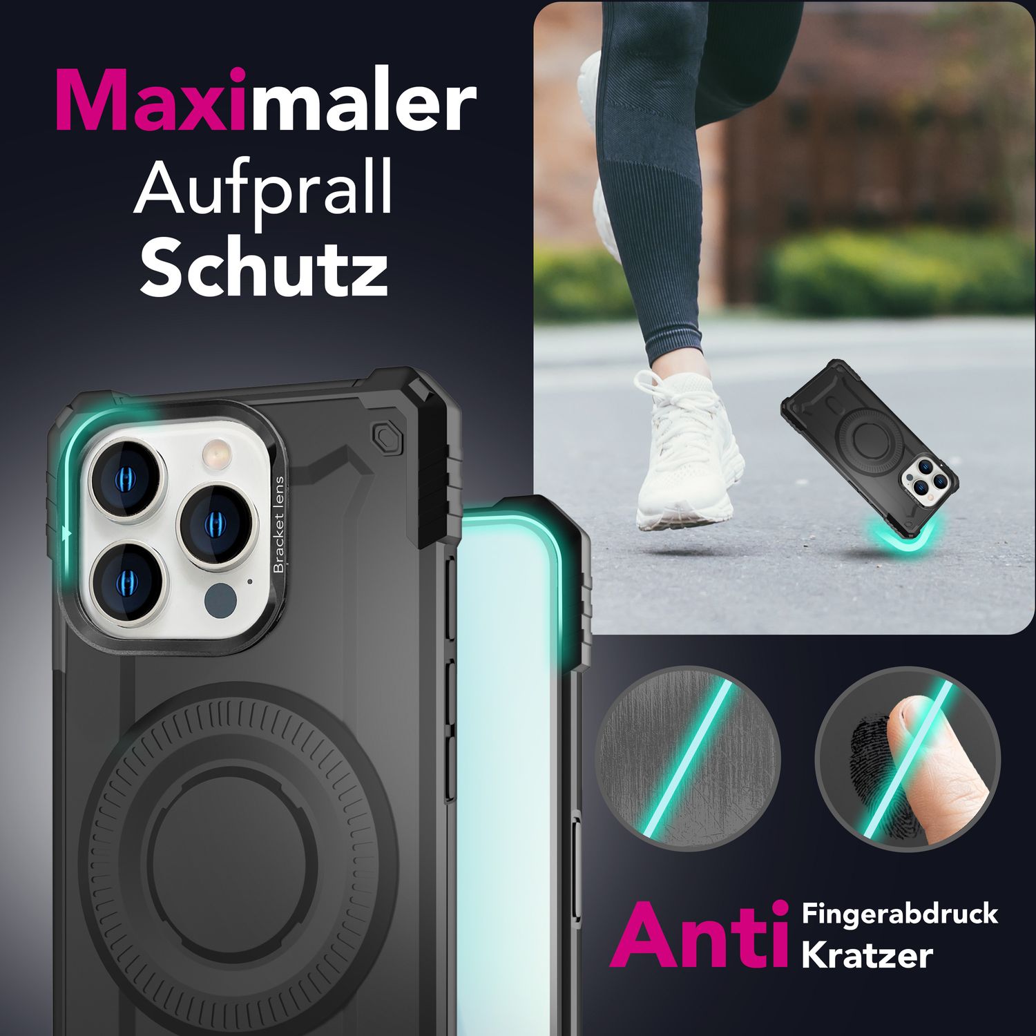 NALIA Granite für iPhone 16 Pro Max Hülle [für MagSafe], Ultra Robuster Panzerschutz, Starker Magnetring, Stoßfest & Bruchsicher, Kamera-Ständer, Armor Case Armor Titan Schwarz NALIA Outdoor Hülle