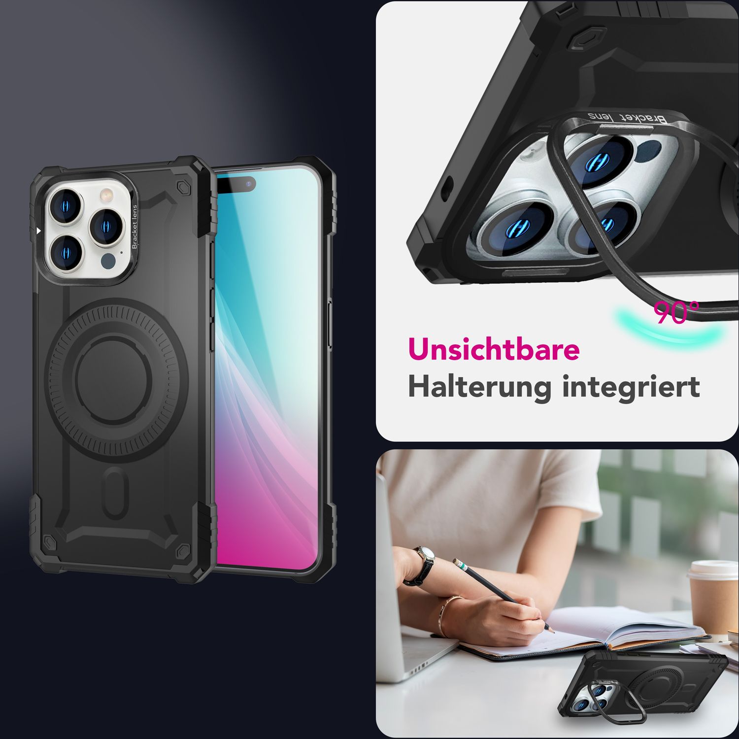 NALIA Granite für iPhone 16 Pro Max Hülle [für MagSafe], Ultra Robuster Panzerschutz, Starker Magnetring, Stoßfest & Bruchsicher, Kamera-Ständer, Armor Case Armor Titan Schwarz NALIA Outdoor Hülle