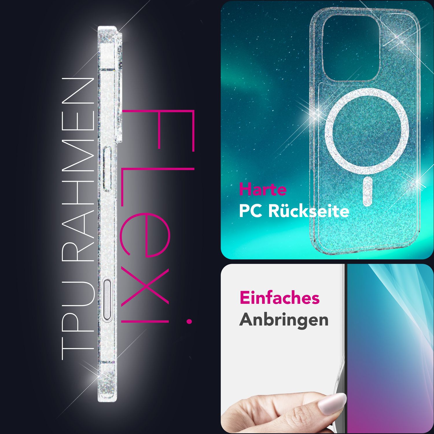 NALIA Starlite für iPhone 16 Pro Max Hülle [für MagSafe], Glitzer Cover mit Magnetring, Transparent & Funkelnd, Kratzfeste Harte Rückseite, Robuster TPU-Rahmen, Klare Glitzerhülle Default Title NALIA Protective Hülle