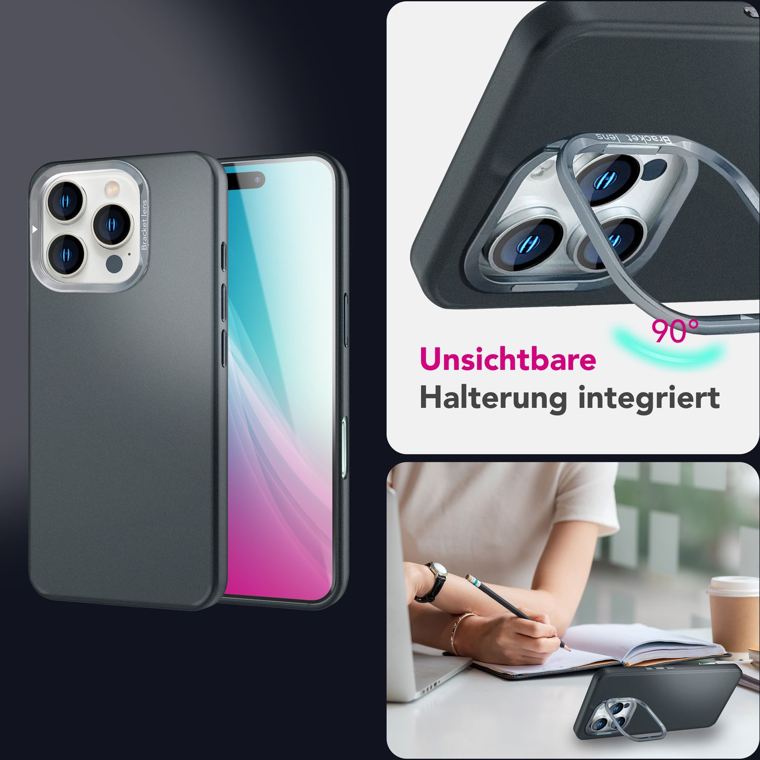NALIA Overland für iPhone 16 Pro Hülle [für MagSafe], Ultra-Dünnes Hardcase, Unsichtbarer Magnetring, Kamera-Ständer, Mattes Finish, Leicht & Schlank, Schutzhülle Titan Schwarz NALIA Protective Hülle