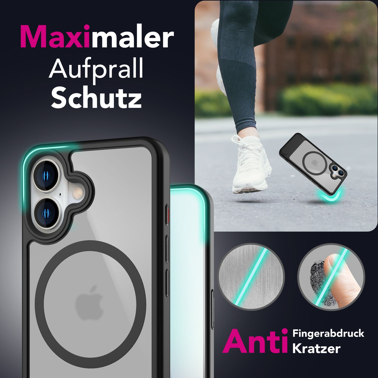 NALIA Triton für iPhone 16 Hülle [für MagSafe], Transparent Matt mit Stoßschutz, Kickstand zum Aufstellen, Integrierter Magnetring, Kamera Schutzrand, Rutschfest - Titan Schwarz Default Title NALIA Protective Hülle