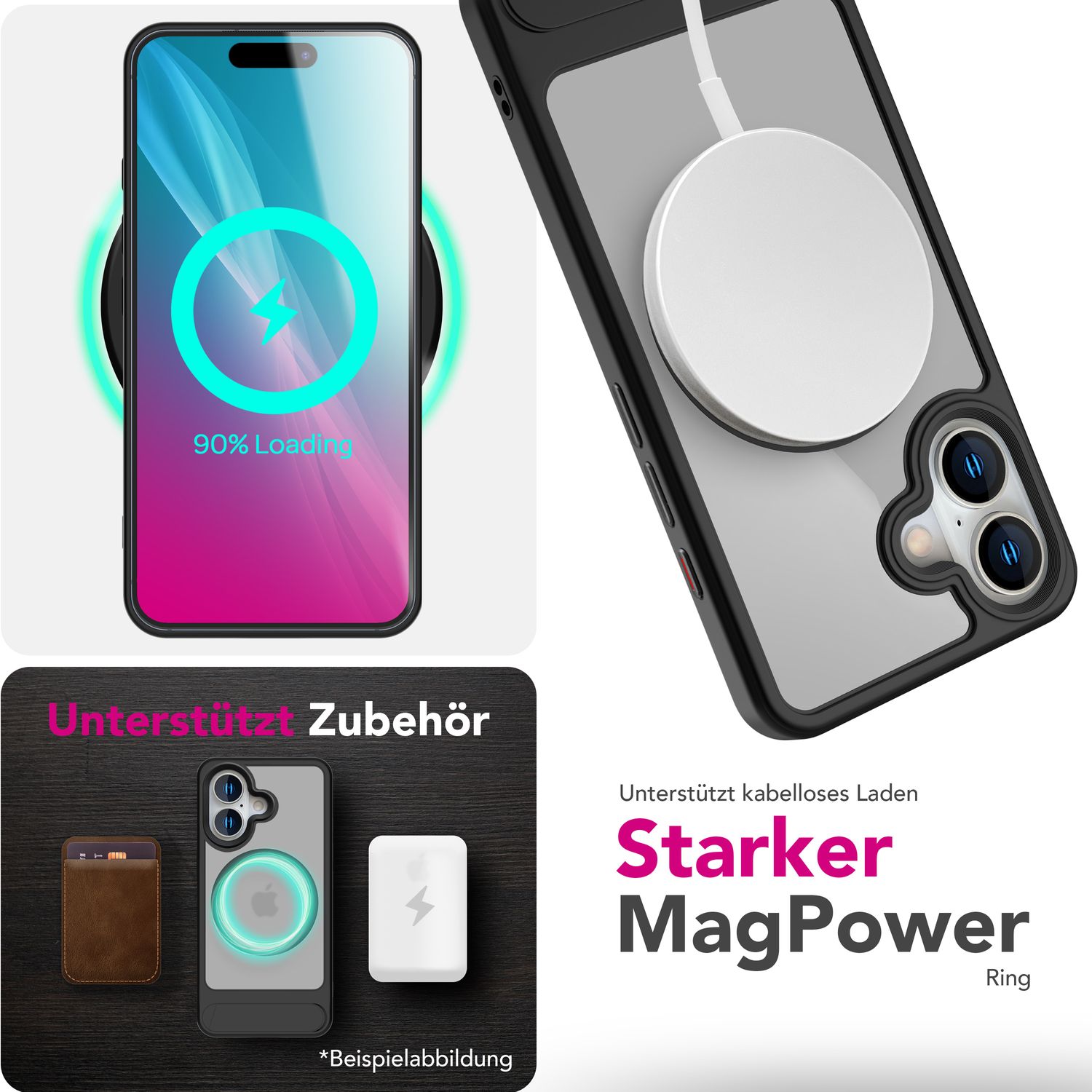 NALIA Triton für iPhone 16 Hülle [für MagSafe], Transparent Matt mit Stoßschutz, Kickstand zum Aufstellen, Integrierter Magnetring, Kamera Schutzrand, Rutschfest - Titan Schwarz Default Title NALIA Protective Hülle